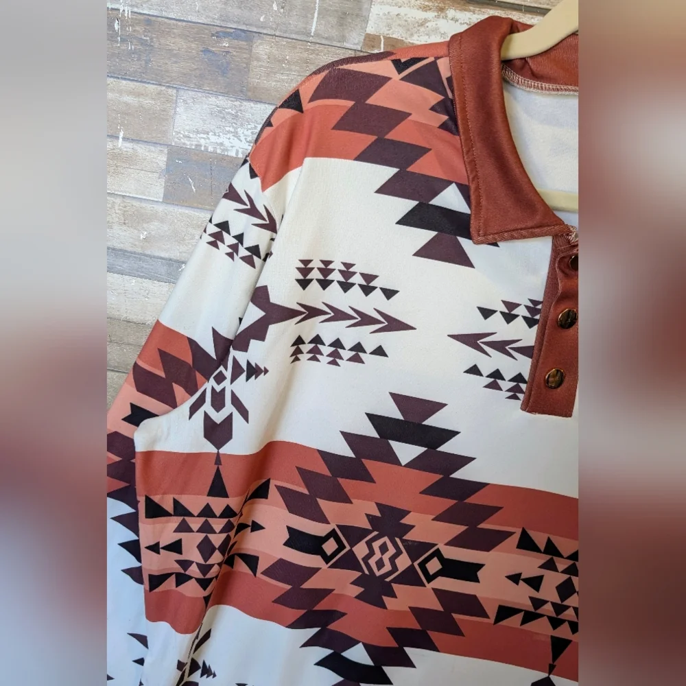 New Brown & White Aztec Top With Metal Buttons - Picture 3 of 15